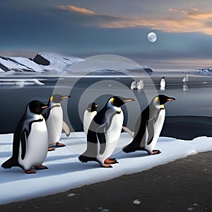 A parade of penguins wearing tuxedos and bowties while sliding on icy slopes under the moonlight4