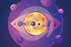 Parade of planets. Fantasy background with spacescape and human eye. Cartoon vector illustration. Esotericist image.