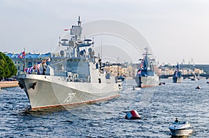 The parade of warships in the Neva river