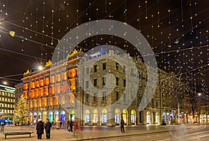 Paradeplatz and Bahnhofstrasse in Zurich decorated for Christmas photo