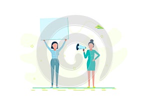 Parades or rallies. Young woman with a microphone in her hand. An activist takes part in a parade or rally. Vector flat