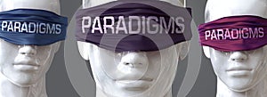 Paradigms can blind our views and limit perspective - pictured as word Paradigms on eyes to symbolize that Paradigms can distort