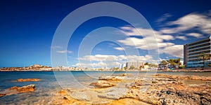 Paradise beach in Ibiza island with blue sky