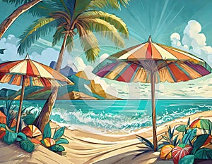 Paradise Beach Illustration, with parasols