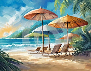 Paradise Beach Illustration, with parasols