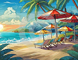 Paradise Beach Illustration, with parasols