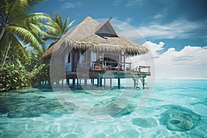 Paradise beach with overwater bungalow. Tropical resort with an overwater villa set in a turquoise lagoon. Generative AI