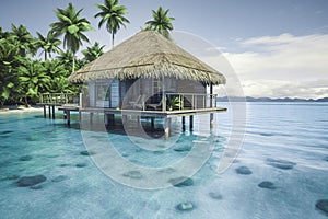 Paradise beach with overwater bungalow. Tropical resort with an overwater villa set in a turquoise lagoon. Generative AI