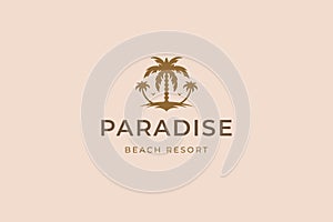 Paradise beach resort palm tree tropical island summer travel vacation logo design template vector
