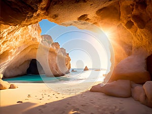 Paradise beach with rock caves and footprints in the sand, generative ai