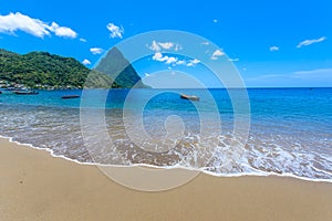 Paradise beach at Soufriere Bay with view to Piton at small town Soufriere in Saint Lucia, Tropical Caribbean Island