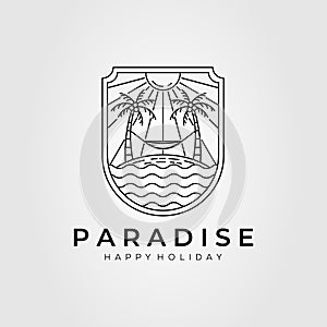 Paradise beach, summer, resort, hammock line art logo template vector illustration design