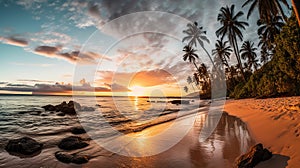 Paradise beach sunset or sunrise with tropical palm trees. Generative Ai