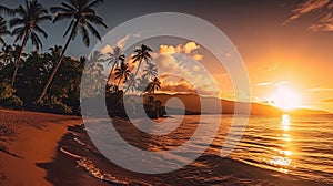 Paradise beach sunset or sunrise with tropical palm trees. Generative Ai