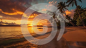 Paradise beach sunset or sunrise with tropical palm trees. Generative Ai