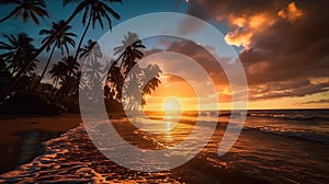 Paradise beach sunset or sunrise with tropical palm trees. Generative Ai