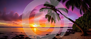 Paradise beach sunset tropical palm trees . Travel promotion banner template . Vacation and holiday island beach Generative AI