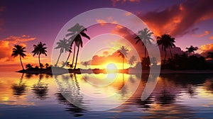 Paradise beach sunset tropical palm trees . Travel promotion banner template . Vacation and holiday island beach Generative AI