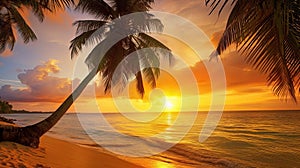 Paradise beach sunset tropical palm trees . Travel promotion banner template . Vacation and holiday island beach Generative AI