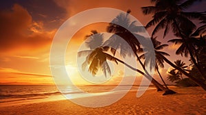 Paradise beach sunset tropical palm trees . Travel promotion banner template . Vacation and holiday island beach Generative AI