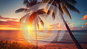 Paradise beach sunset tropical palm trees . Travel promotion banner template . Vacation and holiday island beach Generative AI