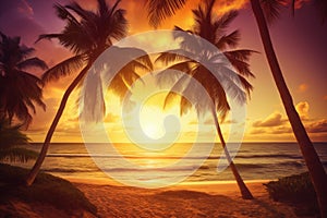 Paradise beach sunset tropical palm trees . Travel promotion banner template . Vacation and holiday island beach Generative AI