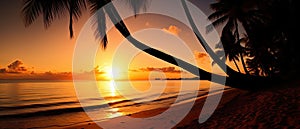 Paradise beach sunset tropical palm trees . Travel promotion banner template . Vacation and holiday island beach Generative AI