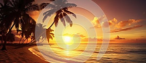 Paradise beach sunset tropical palm trees . Travel promotion banner template . Vacation and holiday island beach Generative AI