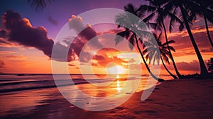 Paradise beach sunset tropical palm trees . Travel promotion banner template . Vacation and holiday island beach Generative AI