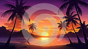 Paradise beach sunset tropical palm trees . Travel promotion banner template . Vacation and holiday island beach Generative AI