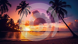 Paradise beach sunset tropical palm trees . Travel promotion banner template . Vacation and holiday island beach Generative AI