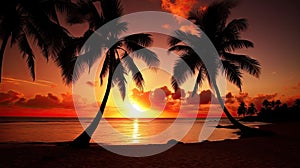 Paradise beach sunset tropical palm trees . Travel promotion banner template . Vacation and holiday island beach Generative AI