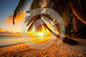 Paradise beach sunset tropical palm trees . Travel promotion banner template . Vacation and holiday island beach Generative AI