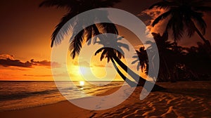 Paradise beach sunset tropical palm trees . Travel promotion banner template . Vacation and holiday island beach Generative AI