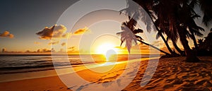 Paradise beach sunset tropical palm trees . Travel promotion banner template . Vacation and holiday island beach Generative AI