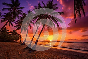 Paradise beach sunset tropical palm trees . Travel promotion banner template . Vacation and holiday island beach Generative AI