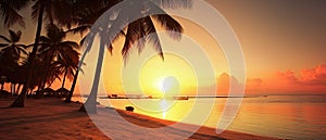 Paradise beach sunset tropical palm trees . Travel promotion banner template . Vacation and holiday island beach Generative AI