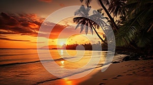 Paradise beach sunset tropical palm trees . Travel promotion banner template . Vacation and holiday island beach Generative AI