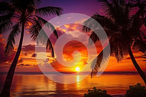 Paradise beach sunset tropical palm trees . Travel promotion banner template . Vacation and holiday island beach Generative AI