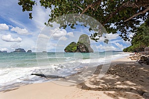 Paradise beach on tropical island with blue sky at Railay beach, Krabi province, Thailand