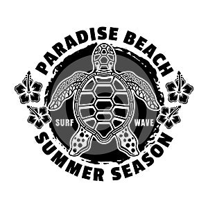 Paradise beach vector vintage emblem, label, badge or logo with sea turtle top view. Illustration in monochrome style