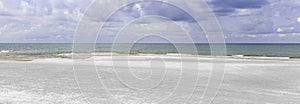 paradise beach with white sand shore, coast for travel tourism wide panorama background. Luxury vacation and holiday banner, tropi