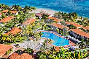 Paradise in blue. A bird eye`s view of Caribbean resort