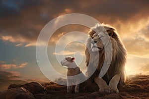 paradise concept of a lion and a lamb. Symbol of Christ. Lion of Judah