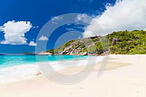 Amazing tropical beach with granite boulders on Grande Soeur Island, Seychelles photo