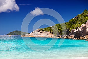 Amazing tropical beach with granite boulders on Grande Soeur Island, Seychelles photo