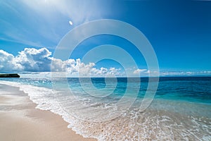 Paradise empty beach on a Tropical island. Azure sea sandy beach and blue sky