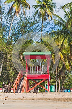 Red Life guard hut and palm trees on tropical beach. Luquillo Beach, Puerto Rico photo
