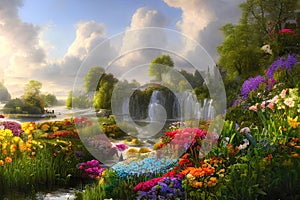 Paradise garden full of flowers, beautiful idyllic background with many flowers in eden, 3d illustration. Generative Ai