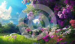 Paradise garden full of flowers, beautiful idyllic background with many flowers in eden, 3d illustration. Generative Ai